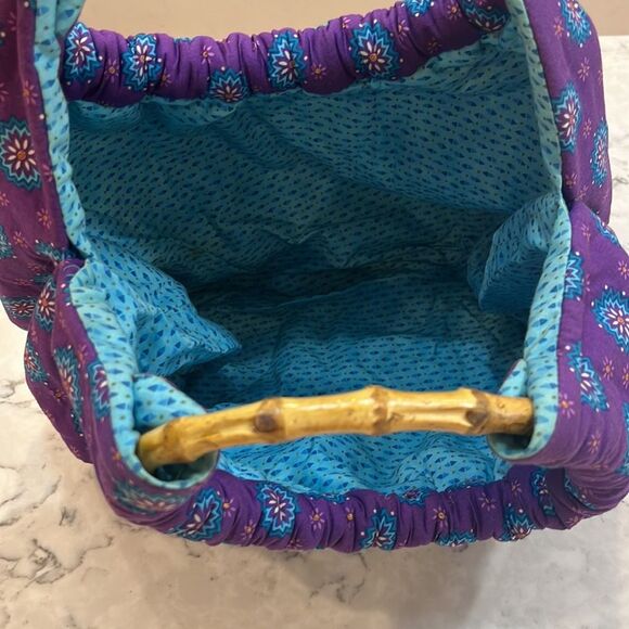 Purple and Teal Bohemian Floral Shoulder Bag with Wooden Handles - Picture 4 of 7